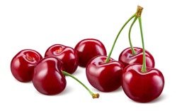 Cherry isolated. Cherries on white background. Sour cherry on white. Cherri with clipping path. Full depth of field.