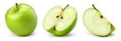 Green apple isolate. Apples on white background. Whole, half, slice green apple set with clipping path.