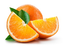 Orange fruit isolate. Orange citrus on white background. Whole orange fruit and a slice with leaves. Clipping path. Full depth of field.