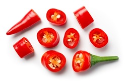 Chili pepper slice isolated. Chilli top view on white background.Cut red hot chili peppers top. With clipping path.