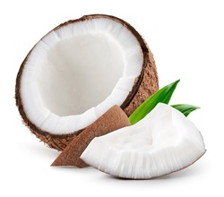 Coconut isolated. Coconut half with slice and piece on white background. Coco nut with leaf. Full depth of field.