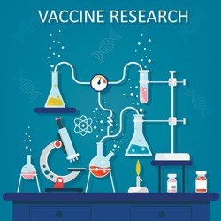 Laboratory Research. Medical Research. Testing of vaccine. Vaccine of coronavirus .Chemists scientists equipment.  Vector illustration
