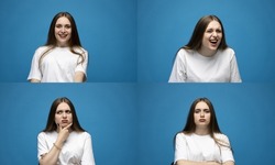 Collage photo with four different happy and sad emotions in one young brunette woman in white t-shirt on blue background. Set of young woman's portraits with different emotions.