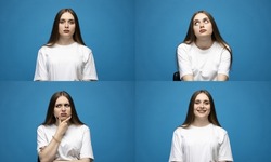 Set of young woman's portraits with different happy and sad emotions. Collage with four different emotions.
