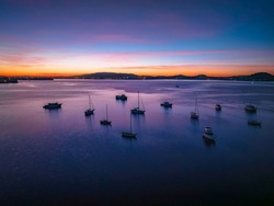 Aerial Sunrise over Brisbane Water at Koolewong and Tascott on the Central Coast, NSW, Australia.
