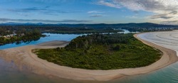 Early morning waterscape panorama at Tomago River in Mossy Point on the South Coast of NSW, Australia