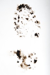 Print of muddy boot on a white clean surface, footprint, track