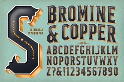 An ornate and retro-styled alphabet with 3d metallic effects. Bromine & Copper would work well on vintage packaging, whiskey bottles, carnival or saloon signs, etc.