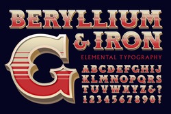 Ornate vintage 3d font alphabet with color stripe effects; Beryllium an Iron elemental typography