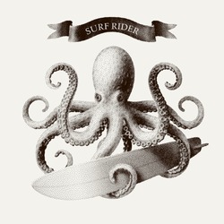 Vector octopus tentacles holding a surfboard in the style of vintage etchings. Eps8. RGB Global colors