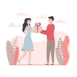 Man give a present to a woman for valentine's day.  Happy Valentines Day design. Flat vector illustration.