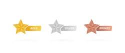 Gold silver and bronze star label. Customer product rating review. Modern vector illustration.