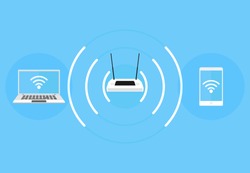Wi-Fi access point, laptop and phone connection to Wi-Fi point, icons for web design and mobile applications. Vector illustration.