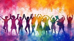 an impressionist-style abstract watercolor painting depicts a diverse group of people united on a colorful rainbow background, commemorating pride month