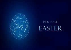Blue Happy Easter design. Egg from polygonal mesh with light points. Next to it shiny metallic effect greeting text.