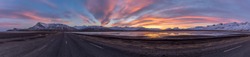 High Resolution of Panoramic Sunset on Ring Road, Iceland, Europe, HDR, 47 MPixels