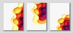 Vertical A4 banners with 3D abstract background with red, purple, violet, yellow paper cut waves. Contrast colors. Vector design layout for presentations, flyers, posters