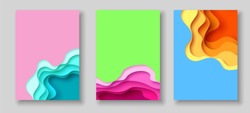 Cover or flyer template with 3d abstract paper cut blue green pink yellow background. Vector template in carving art style. Modern design. Eps10.