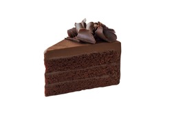 Triangle shape slices piece of dark chocolate fudge cake topping with chocolate curl on white isolated background with clipping paths. Homemade bakery concept for birthday cake or valentine dessert.