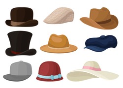 Flat vector set of man and woman hats. Stylish male and female headwear. Baseball cap and elegant panama. Fashion theme