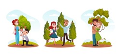Happy Romantic Couple Dating Embracing and Making Proposal of Marriage in the Park Vector Set