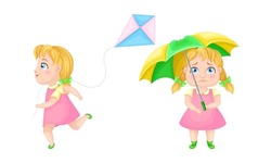 Cute emotional blonde girl in pink dress showing various emotions set. Happy and upset little girl cartoon vector illustration