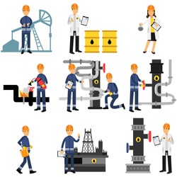 Oil industry set, extraction, production, refinery and transportation oil colorful vector Illustrations