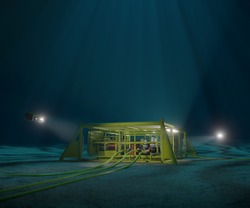 3D rendering of a subsea production manifold being inspected by ROVs