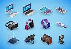 Realistic gadgets, digital devices, pc 3d icons in isometry isolated on blue background. Big vector set of isomectric devices: camera, webcam, smartphone, laptop, smartwatch, virtual reality glasses