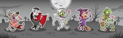 Halloween cartoon monsters stickers set. Funny drawings of happy werewolf, vampire Dracula, mummy, witch and zombie holding lollipops in hands. Scary night background with moon, bats, trees, tombstone