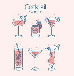 Cocktail glasses minimal vector thin line illustration. Six refreshing cocktails with ice cubes and lemons. Party in the club. Created for menu designs. Set of alcoholic drinks like Mojito or Martini
