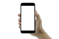 Businessman hand holding black smartphone isolated on white background, white clipping path inside.
