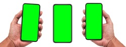 Businessman hand holding black smartphone, The shape of a modern mobile smartphone Designed to have a thin edge. green screen background - Clipping Path.