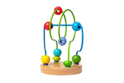A children's educational toy, a maze of colorful wooden beads on a wire.