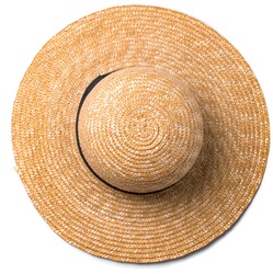 Pretty beautiful straw hat with ribbon and bow on white background beach hat from a side view isolated