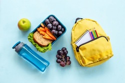 School lunch box with sandwich, fruits and water.