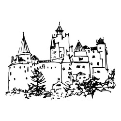 Isolated vector illustration. View of a medieval Bran castle in Romania. (Dracula's Castle of Vlad the Impaler). Hand drawn linear ink sketch. Black silhouette on white background.