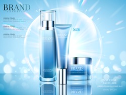 Cosmetic set ads, sky blue package design on light blue background with glittering bokeh and bubbles in 3d illustration