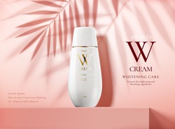 Skin care product ads with white bottle on pink square podium stage and palm leaves shadows in 3d illustration