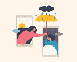 Flat design of woman holding umbrella on her upset friend on mobile phone screen, representing a woman helping and comforting her friend over phone
