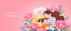 Three generations all together celebrating happy mother's day with arms holding each others and be surrounded by carnation flowers