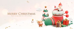 3d Christmas banner with snowman and Santa Claus in a stocking with Xmas festive ornaments on a snowy white background