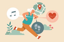 Flat illustration of a senior woman wearing a fitness tracker watch with pedometer, heart rate sensor, GPS, and music app while running outdoor