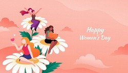 Happy Women's Day greeting card. Flat illustration of three multiracial women sitting on flowers. Concept of women owning equal rights and loving themselves