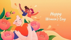 Happy Women's Day card design. Illustration of a long hair woman surrounded with flowers hugging a big heart and two females raising their hands in the back. Concept of women embracing self love