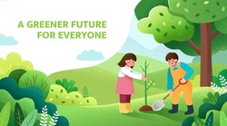 Arbor day banner. Illustration of two kids planting a small tree in nature for the environment