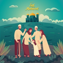 Happy eid mubarak greeting card. muslim family blessing Eid mubarak to grandparents