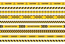 Caution tape set, yellow warning strips, danger symbol, arrows, yellow lines with black text and triangle sign. Flat banner isolated collection with attention message, cartoon vector illustration.