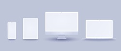 White computer and phone mockup set with desktop, laptop and tablet. Realistic clay electronic device set in front view, pc screen, open notebook, pad and mobile display isolated on grey background.