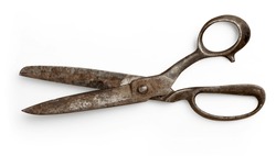 large pair of open old, vintage rusty scissors isolated over a white background